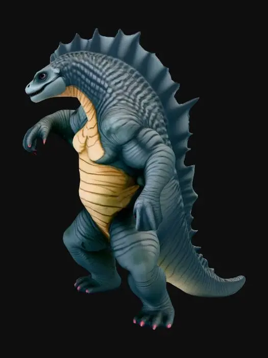 3D model for A colossal, bipedal lizard kaiju base model with a heavily muscled, upright posture. Its thick, rubbery hide features prominent, deep skin folds, especially around the joints and neck, giving it a powerful, intimidating bulk. The overall design prioritizes a simplified, low-detail aesthetic, focusing on fundamental shapes and silhouettes, making it ideal for further sculpting. Its scales are broad and flattened, hinting at a rough texture without intricate individual scale definition.