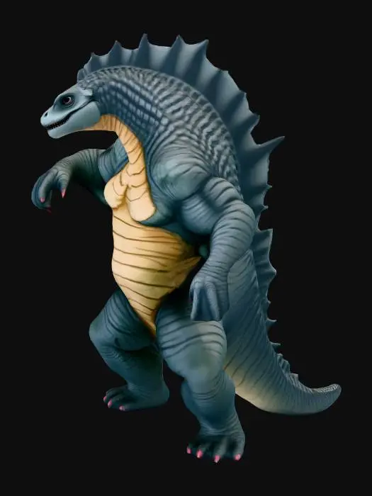 3D model for A colossal, bipedal lizard kaiju base model with a heavily muscled, upright posture. Its thick, rubbery hide features prominent, deep skin folds, especially around the joints and neck, giving it a powerful, intimidating bulk. The overall design prioritizes a simplified, low-detail aesthetic, focusing on fundamental shapes and silhouettes, making it ideal for further sculpting. Its scales are broad and flattened, hinting at a rough texture without intricate individual scale definition.