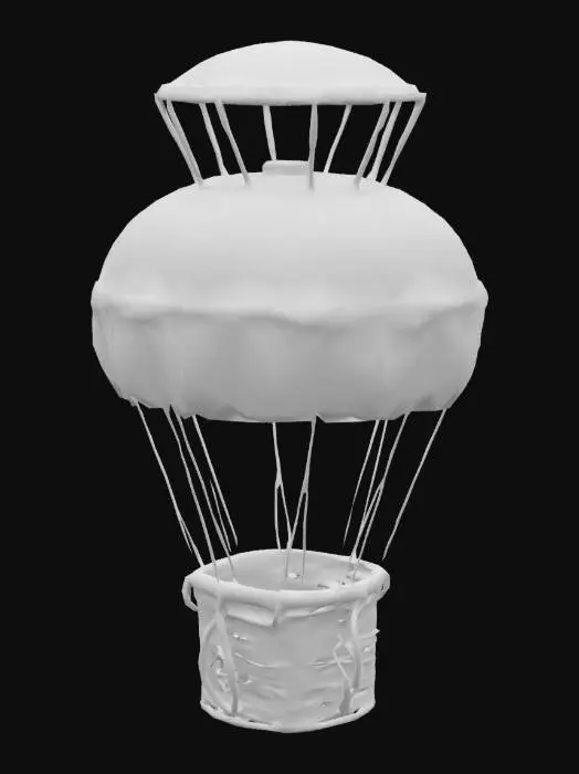 3D model for A 19th- to early 20th-century hot air balloon: a realistic PBR model featuring a vintage wicker basket with intricate wood bindings, brass valves, and sandbag ballast. The canvas envelope shows a period-accurate cream and burgundy striped pattern, with high-resolution textures emphasizing weathered metal and faded fabric. Render under soft, warm sunlight with subtle shadows, on a transparent background for compositing. Target 10k–20k tris, clean AR-ready topology. Negative: no modern logos, no low-poly simplification, no cartoon proportions.