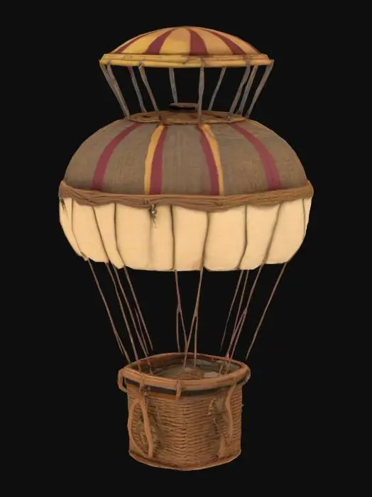 3D model for A 19th- to early 20th-century hot air balloon: a realistic PBR model featuring a vintage wicker basket with intricate wood bindings, brass valves, and sandbag ballast. The canvas envelope shows a period-accurate cream and burgundy striped pattern, with high-resolution textures emphasizing weathered metal and faded fabric. Render under soft, warm sunlight with subtle shadows, on a transparent background for compositing. Target 10k–20k tris, clean AR-ready topology. Negative: no modern logos, no low-poly simplification, no cartoon proportions.