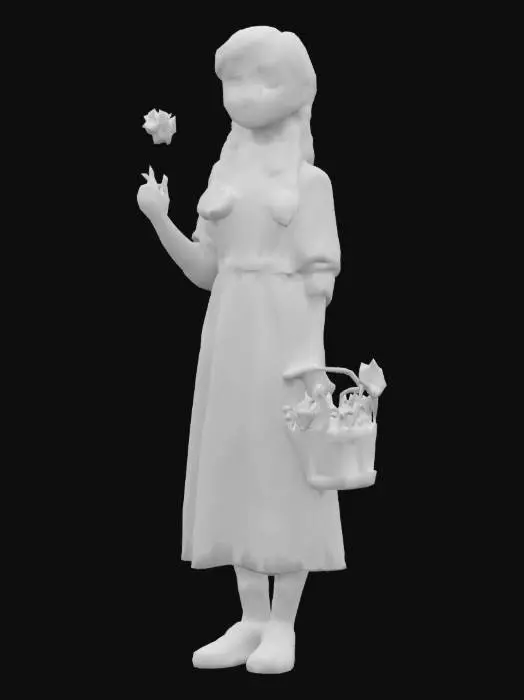 3D model for Generate school girl with school uniform dress, vintage, 19-20th century. Holding bucket in one hand full of daffodils and in the other hand, holding one daffodil.