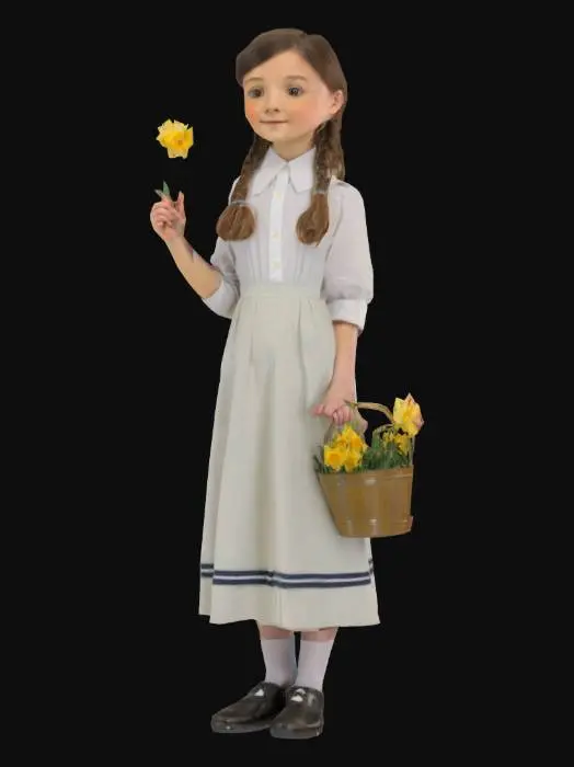 3D model for Generate school girl with school uniform dress, vintage, 19-20th century. Holding bucket in one hand full of daffodils and in the other hand, holding one daffodil.
