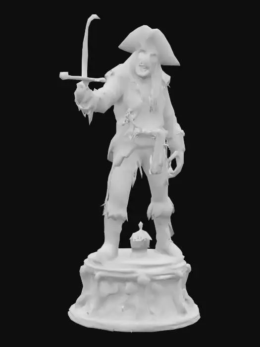3D model for It depicts a terrifying zombie pirate with bloodstained clothing, standing atop a dark, ornate pedestal. The pirate's face is a gruesome mask of decay, with sunken eyes and a gaping maw revealing sharp, yellowish teeth. One hand clutches a rusty saber dripping with a viscous, dark liquid. The other hand is outstretched as if to grasp and control, exuding an icy aura of terror. A dark, stormy sky hangs above, casting a sinister shadow over the scene. The surroundings are shrouded in a thick, eerie fog, further enhancing the horror. The zombie pirate stands as a chilling testament to power and terror, his mere presence radiating fear and dread.