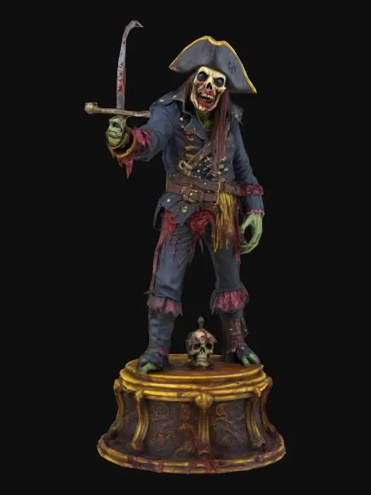 3D model for It depicts a terrifying zombie pirate with bloodstained clothing, standing atop a dark, ornate pedestal. The pirate's face is a gruesome mask of decay, with sunken eyes and a gaping maw revealing sharp, yellowish teeth. One hand clutches a rusty saber dripping with a viscous, dark liquid. The other hand is outstretched as if to grasp and control, exuding an icy aura of terror. A dark, stormy sky hangs above, casting a sinister shadow over the scene. The surroundings are shrouded in a thick, eerie fog, further enhancing the horror. The zombie pirate stands as a chilling testament to power and terror, his mere presence radiating fear and dread.