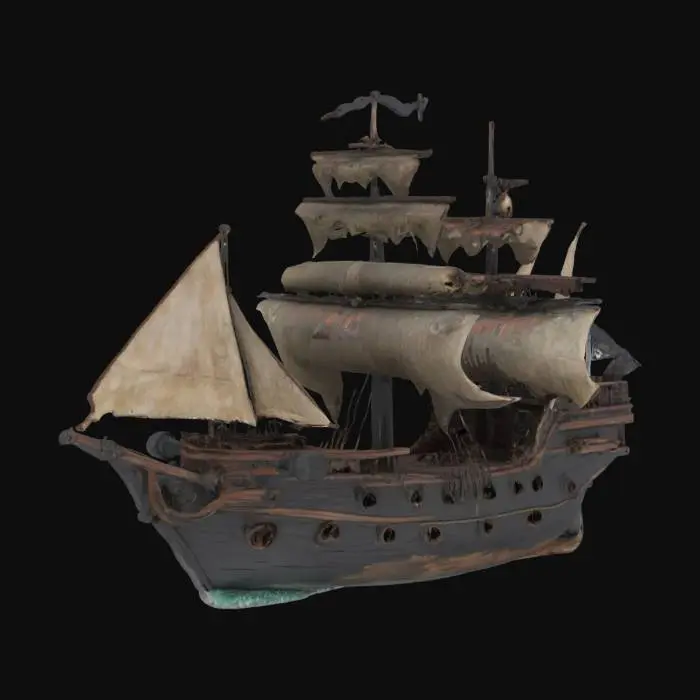 3D model for #arch#The Pirate Zombie Sailing Ship was a true ghost of the seas, scarred by countless storms and battles. Its black, weathered hull was riddled with deep cracks and rotten wood, corroded by salt water and time. The once-proud sails were now nothing but tattered, filthy rags.

Atop the broken mast, a black skull and crossbones flag fluttered, tattered but still a grim symbol. Scattered across the decks were numerous old cannons, their barrels rust-brown, their wooden frames crumbling, and their rigging rotting. The ship was not only old and dilapidated, it was a floating testament to relentless piracy and the ocean's relentless fury.