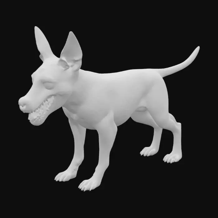 3D model for Very high detail and resolution. A very large and bulky, terrifying horror zombie dog breed as a Doberman with bloodstained fur. Its face is eerily decayed, with sunken eyes and a wide-open mouth revealing yellowed teeth.
