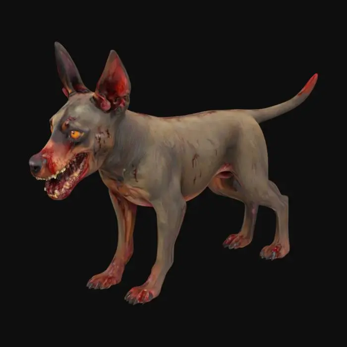 3D model for Very high detail and resolution. A very large and bulky, terrifying horror zombie dog breed as a Doberman with bloodstained fur. Its face is eerily decayed, with sunken eyes and a wide-open mouth revealing yellowed teeth.