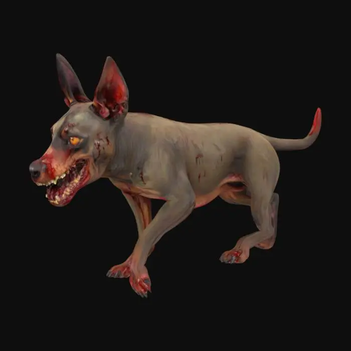 3D model for Very high detail and resolution. A very large and bulky, terrifying horror zombie dog breed as a Doberman with bloodstained fur. Its face is eerily decayed, with sunken eyes and a wide-open mouth revealing yellowed teeth.