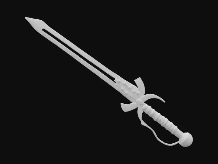 3D model for A medieval long sword with futuristicenhancements. The hilt has a leather-wrapped grip reinforced with glowing metallic wires, a balanced energy orb pommel, and a wide cross-guard with carved designs and plasma channels. The blade is double-edged, glowing with blue plasma, with  futuristic fuller and central ridge. The ricasso is smooth, aiding grip techniques. The scabbard features dark leather with glowing metal accents on the chape and throat, completing the hybrid design, #ChronoForgeWeapon#