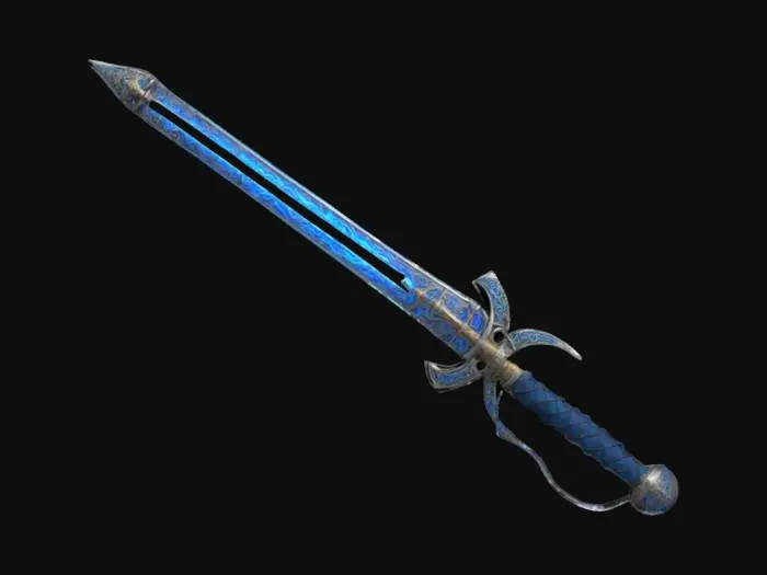 3D model for A medieval long sword with futuristicenhancements. The hilt has a leather-wrapped grip reinforced with glowing metallic wires, a balanced energy orb pommel, and a wide cross-guard with carved designs and plasma channels. The blade is double-edged, glowing with blue plasma, with  futuristic fuller and central ridge. The ricasso is smooth, aiding grip techniques. The scabbard features dark leather with glowing metal accents on the chape and throat, completing the hybrid design, #ChronoForgeWeapon#