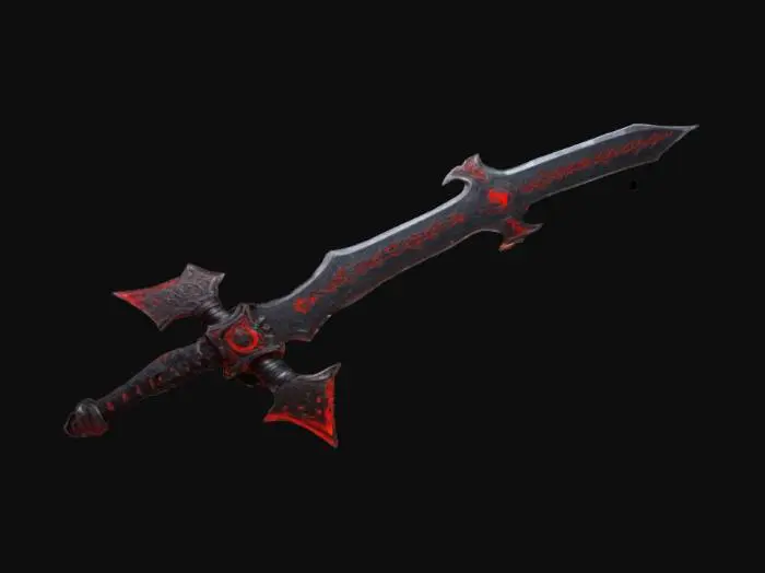 3D model for Berserk-inspired sword with a futuristic look, crafted from black metal with glowing red accents and intricate runes embedded in the design. This ultra-realistic, long sword is perfect as a game asset, blending cyberpunk aesthetics with detailed craftsmanship, #ChronoForgeWeapon#, #ChronoForgeWeapon