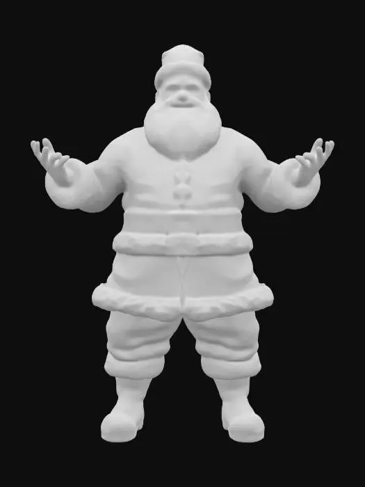 3D model for #ChristmasAdventure#, A full-body image of Santa Claus in a T-pose,. He is wearing his traditional red jacket, white fur trim, black boots, and red hat, all in bold, solid colors. Santa's muscular build is depicted with simplified shapes and solid colors in a cell-shaded style, featuring clean, sharp outlines and flat color areas  with a strong, confident expression, a full white beard, and intense eyes., with clear shadows and highlights to emphasize his form, #ChristmasAdventure#