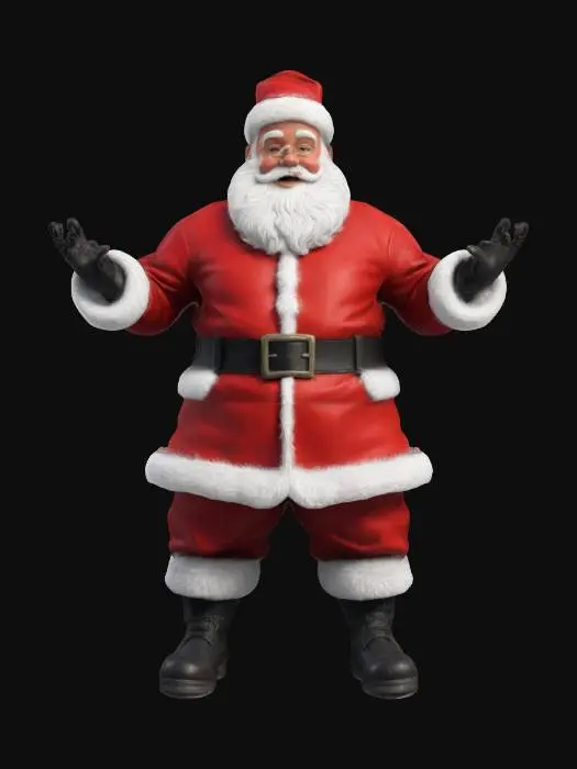 3D model for #ChristmasAdventure#, A full-body image of Santa Claus in a T-pose,. He is wearing his traditional red jacket, white fur trim, black boots, and red hat, all in bold, solid colors. Santa's muscular build is depicted with simplified shapes and solid colors in a cell-shaded style, featuring clean, sharp outlines and flat color areas  with a strong, confident expression, a full white beard, and intense eyes., with clear shadows and highlights to emphasize his form, #ChristmasAdventure#