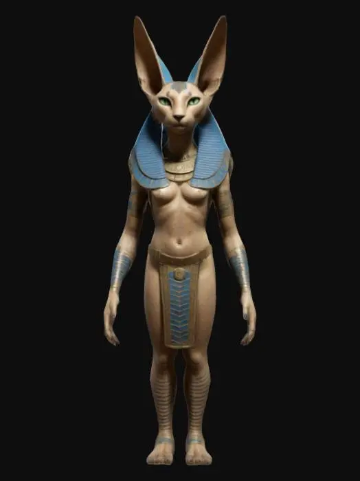 3D model for bastet pharo, Game Assets, Highly Detailed, Ultra Realistic, Symmetrical Body, A-pose, Full Body, ARMS AWAY FROM THE BODY , 180 cm tall, bold , detailed face , no hair , no fur , LOL , game , no gun , no gun holder , no belt , no coat   , skin only  ,no face hair , no face fur