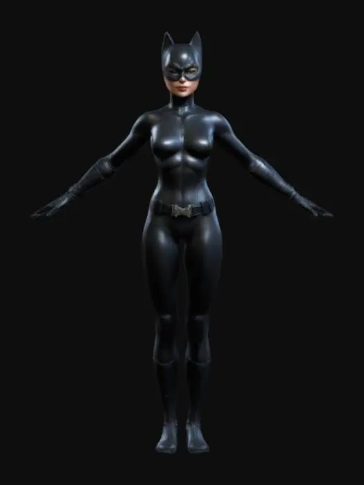 3D model for Catwoman , Game Assets, Highly Detailed, Ultra Realistic, Symmetrical Body, A-pose, Full Body, ARMS AWAY FROM THE BODY , detailed face , no hair , no fur , game , no gun , no gun holder , no belt , no coat   ,  