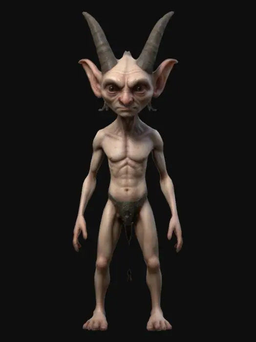 3D model for 
 Dwarf horned Skinny creature, Game Assets, Highly Detailed, Ultra Realistic, Symmetrical Body, A-pose, Full Body, ARMS AWAY FROM THE BODY , detailed face , no hair , no fur , game , no gun , no gun holder , no belt , no coat   ,  