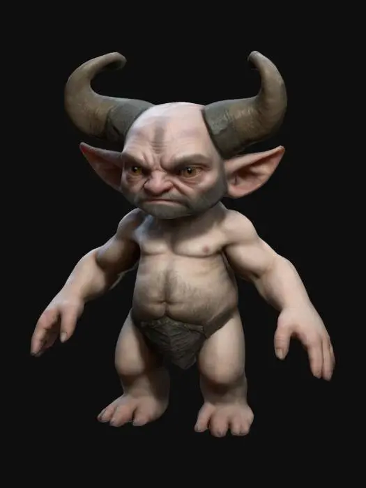 3D model for 
 Dwarf horned Skinny creature, Game Assets, Highly Detailed, Ultra Realistic, Symmetrical Body, A-pose, Full Body, ARMS AWAY FROM THE BODY , detailed face , no hair , no fur , game , no gun , no gun holder , no belt , no coat   ,  
