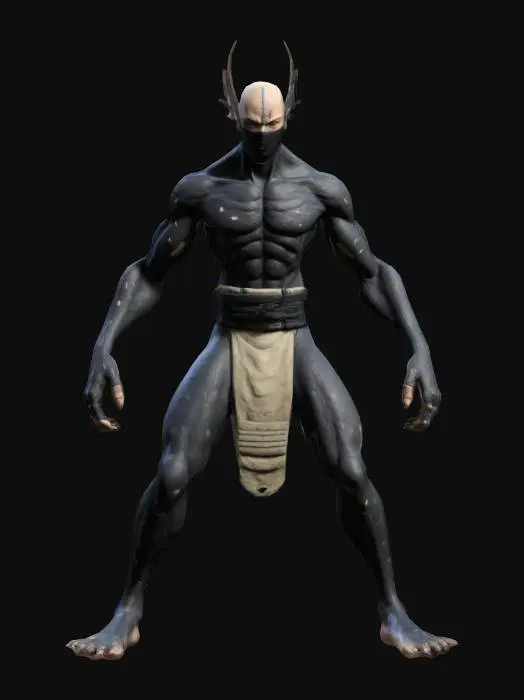 3D model for Shinobi creature   , Game Assets, Highly Detailed, Ultra Realistic, Symmetrical Body, A-pose, Full Body, ARMS AWAY FROM THE BODY , detailed face , no hair , no fur , game , no gun , no gun holder , no belt , no coat   ,  