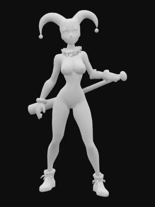 3D model for harley quinn holding in here right hand a baseball racket and with black and red for the garment and the cloth so tight on her body and wearing on her head clown hat , Game Assets, Highly Detailed, Ultra Realistic, Body, Full Body, ARMS AWAY FROM THE BODY , detailed face , no hair , no fur , game , no gun , no gun holder , no belt , no coat ,