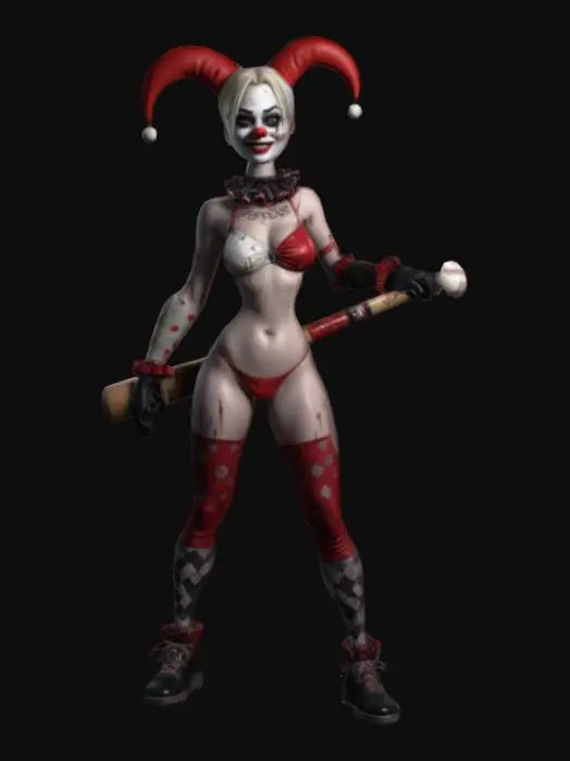 3D model for harley quinn holding in here right hand a baseball racket and with black and red for the garment and the cloth so tight on her body and wearing on her head clown hat , Game Assets, Highly Detailed, Ultra Realistic, Body, Full Body, ARMS AWAY FROM THE BODY , detailed face , no hair , no fur , game , no gun , no gun holder , no belt , no coat ,