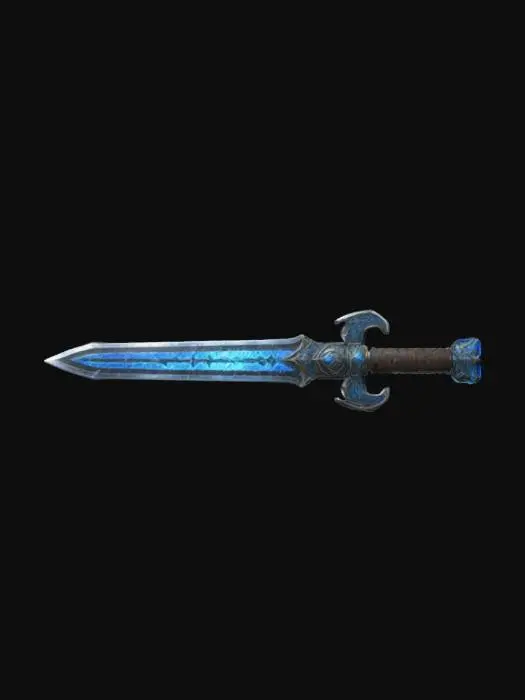 3D model for Ultra-detailed 3D game asset of a massive, wide longsword inspired by Berserk's Dragonslayer, combined with Hextech aesthetics from Arcane. The blade is thick, heavy,rectangular with a rough, glowing Hextech runes etched along its surface. The hilt is sleek and mechanical, with glowing blue Hextech crystals embedded in the pommel. design is a fusion of brutal, oversized medieval weaponry and intricate, magical steampunk technology. Highly detailed, 4K textures, game-ready, ,#ChronoForgeWeapon#