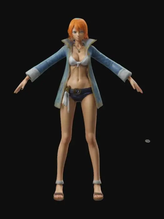 3D model for Nami from one piece , #game figure#,  , Game Assets, Highly Detailed, Ultra Realistic, Symmetrical Body, A-pose, Full Body, ARMS AWAY FROM THE BODY , detailed face , no hair , no fur , game , no gun , no gun holder , no belt , no coat   ,  