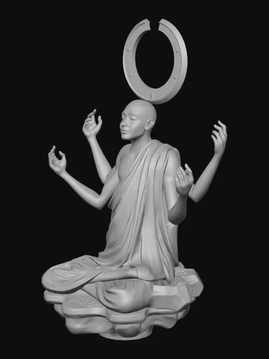 3D model for A highly detailed six-armed humanoid statue, floating in a cross-legged meditation pose, perfectly symmetrical.
The figure has a smooth, faceless head, calm and divine presence.
Six arms arranged in the same pose:
– Two upper arms raised upward with open palms
– Two middle arms held forward, palms together, holding a small glowing orb
– Two lower arms extended outward with relaxed open hands

The body is anatomically humanoid, elegant and balanced.
Material is polished stone or brushed metal, statue-like (no skin pores).
Wearing a simple monk-style cloth around the waist and torso, sculpted, not fabric-simulated.
A thin circular halo ring floats behind the head.

Style: mythic sci-fi deity statue, cinematic, clean geometry.
No environment, no base, single standalone figure.
Neutral lightin