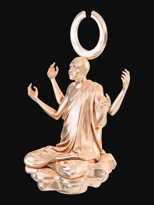 3D model for A highly detailed six-armed humanoid statue, floating in a cross-legged meditation pose, perfectly symmetrical.
The figure has a smooth, faceless head, calm and divine presence.
Six arms arranged in the same pose:
– Two upper arms raised upward with open palms
– Two middle arms held forward, palms together, holding a small glowing orb
– Two lower arms extended outward with relaxed open hands

The body is anatomically humanoid, elegant and balanced.
Material is polished stone or brushed metal, statue-like (no skin pores).
Wearing a simple monk-style cloth around the waist and torso, sculpted, not fabric-simulated.
A thin circular halo ring floats behind the head.

Style: mythic sci-fi deity statue, cinematic, clean geometry.
No environment, no base, single standalone figure.
Neutral lightin