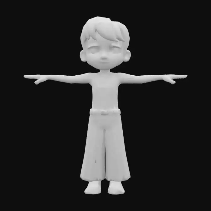 3D model for Pixar Style Boy character, ARMS FULLY EXTENDED TO THE SIDE AND SAME HEIGHT AS THE SHOULDER, wears plain Bra and wide ankle-length trousers with tears and sneakers, Bold, ENSURE T-pose. ENSURE that the character has five fingers on each hand.