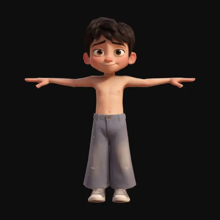 3D model for Pixar Style Boy character, ARMS FULLY EXTENDED TO THE SIDE AND SAME HEIGHT AS THE SHOULDER, wears plain Bra and wide ankle-length trousers with tears and sneakers, Bold, ENSURE T-pose. ENSURE that the character has five fingers on each hand.