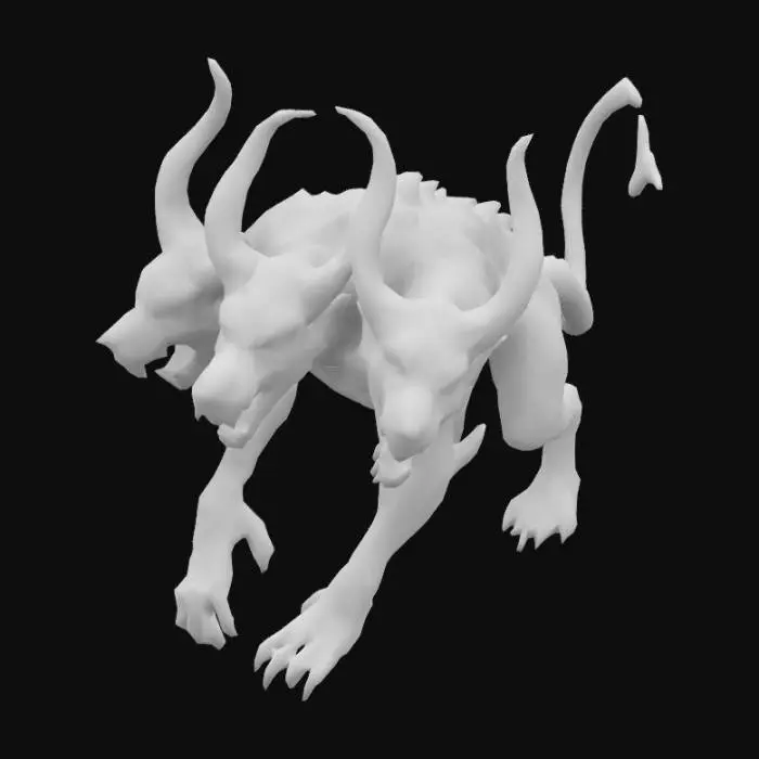 3D model for ultra-realistic 3D game asset of a two-headed hellhound with a muscular, hairless body. The creature should have dark, charred skin with detailed muscle definition, glowing red eyes, and jagged, sharp teeth. Both heads should display snarling expressions with smoke or embers rising from the mouths. Its body should be powerful, with strong limbs, clawed feet, and a long, sinuous tail emitting faint smoke. Focus on realistic textures, cracks, burns, and hellish lighting for a menacing look