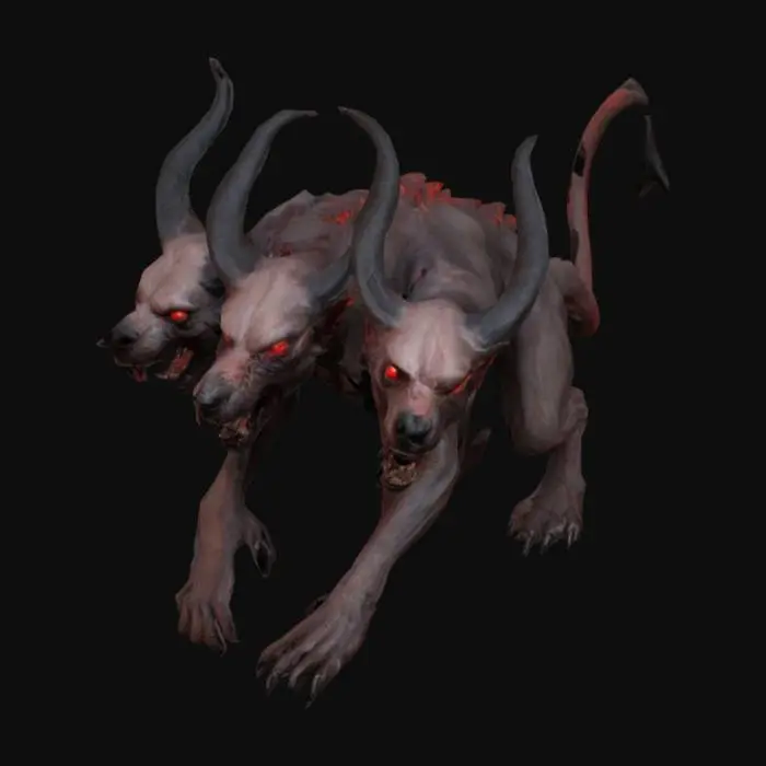 3D model for ultra-realistic 3D game asset of a two-headed hellhound with a muscular, hairless body. The creature should have dark, charred skin with detailed muscle definition, glowing red eyes, and jagged, sharp teeth. Both heads should display snarling expressions with smoke or embers rising from the mouths. Its body should be powerful, with strong limbs, clawed feet, and a long, sinuous tail emitting faint smoke. Focus on realistic textures, cracks, burns, and hellish lighting for a menacing look