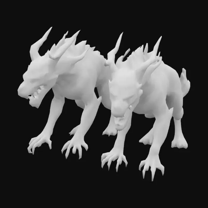 3D model for ultra-realistic 3D game asset of a two-headed hellhound with a muscular, hairless body. The creature should have dark, charred skin with detailed muscle definition, glowing red eyes, and jagged, sharp teeth. Both heads should display snarling expressions with smoke or embers rising from the mouths. Its body should be powerful, with strong limbs, clawed feet, and a long, sinuous tail emitting faint smoke. Focus on realistic textures, cracks, burns, and hellish lighting for a menacing look