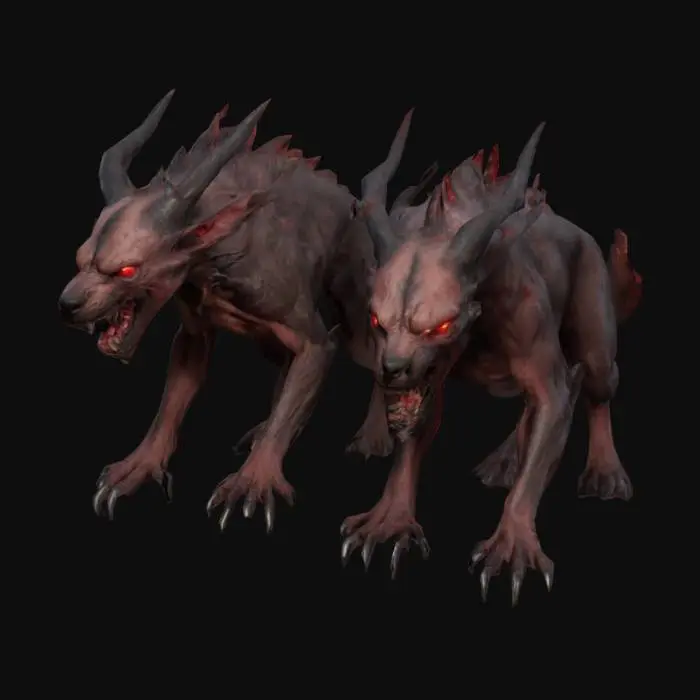 3D model for ultra-realistic 3D game asset of a two-headed hellhound with a muscular, hairless body. The creature should have dark, charred skin with detailed muscle definition, glowing red eyes, and jagged, sharp teeth. Both heads should display snarling expressions with smoke or embers rising from the mouths. Its body should be powerful, with strong limbs, clawed feet, and a long, sinuous tail emitting faint smoke. Focus on realistic textures, cracks, burns, and hellish lighting for a menacing look