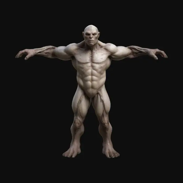3D model for An ultra-realistic and hyper-detailed humanoid creature designed for a medieval fantasy game. The creature is T-posed, showcasing its muscular and sinewy build with visible veins, scars, and detailed skin texture. Its angular facial features are slightly exaggerated, and its elongated arms end in clawed hands, giving it an intimidating appearance. The skin has a leathery, reptilian texture, blending earthy tones of brown and gray for a rugged look. Completely bare, with no hair, fur, or clothing