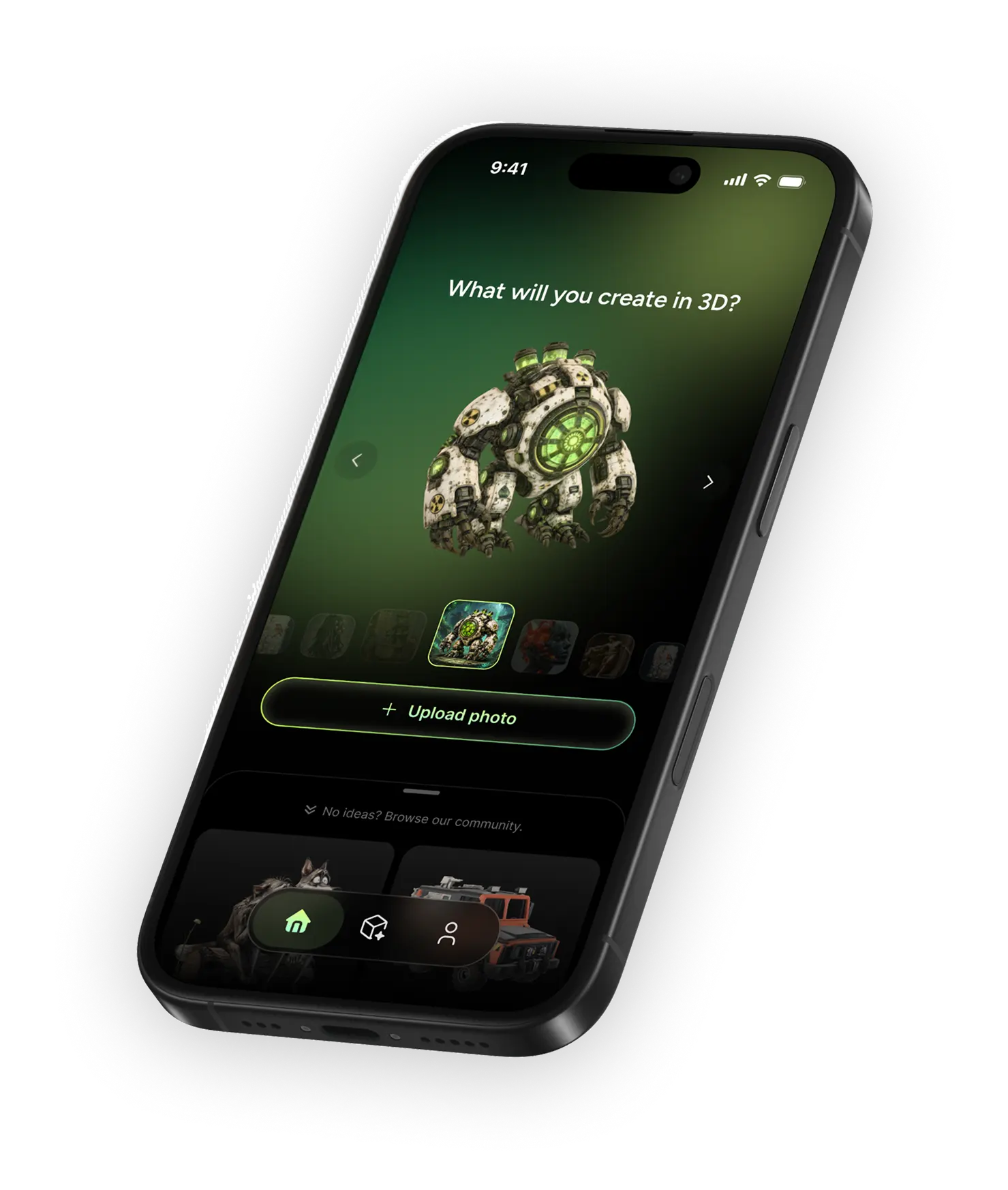 Meshy AI mobile app running on an iPhone, generating a 3D model from a photo