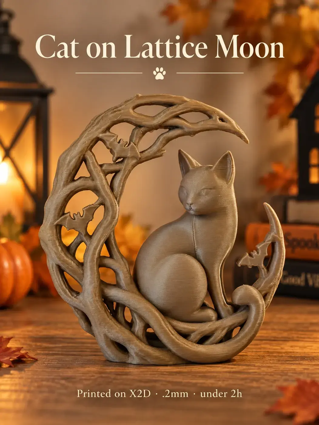 Cat on Lattice Moon with Bats 3D print file — real print photo by Lyn Davies