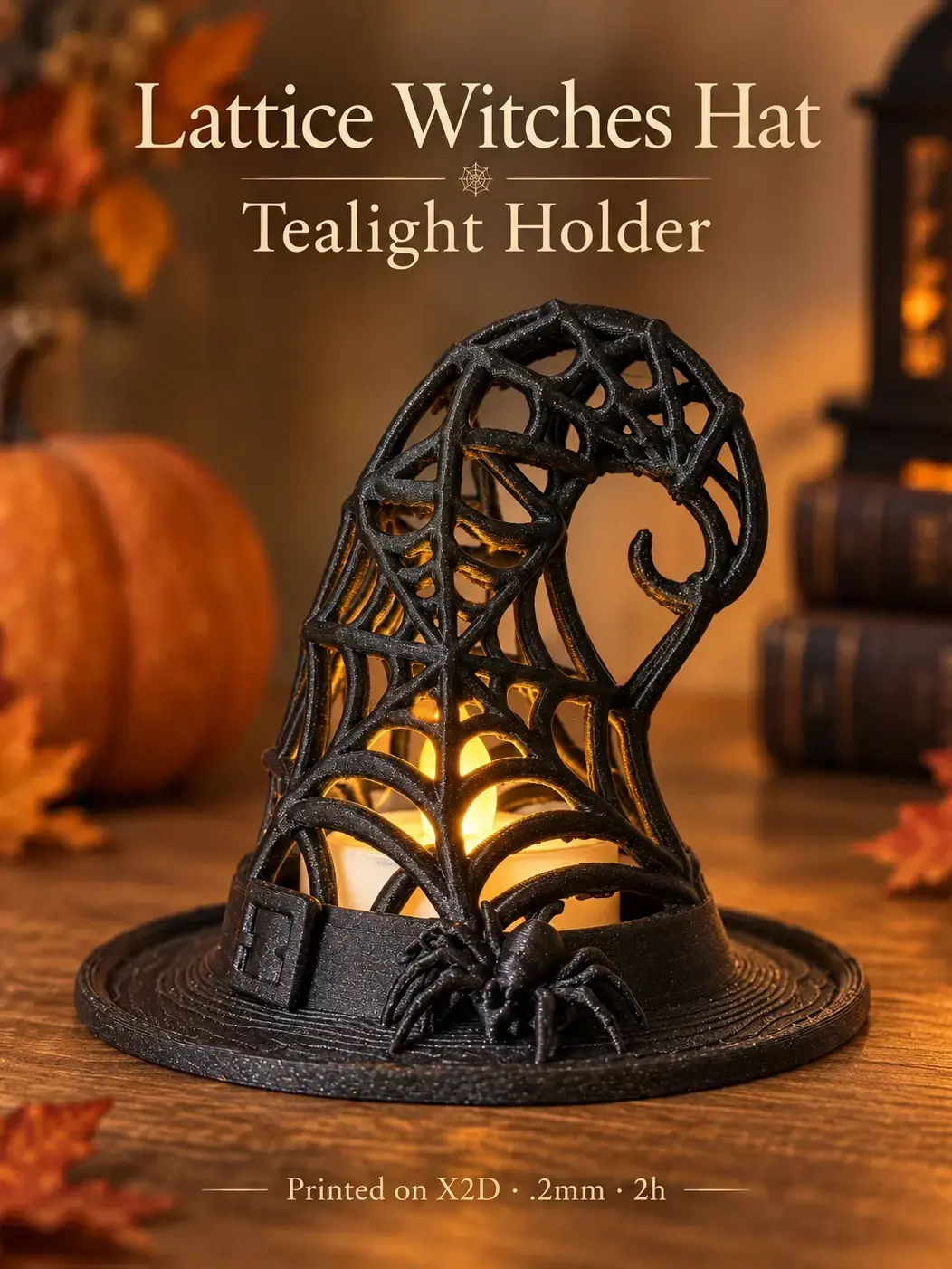 Lattice & Spider Witch's Hat Tealight Holder 3D print file — real print photo by Lyn Davies