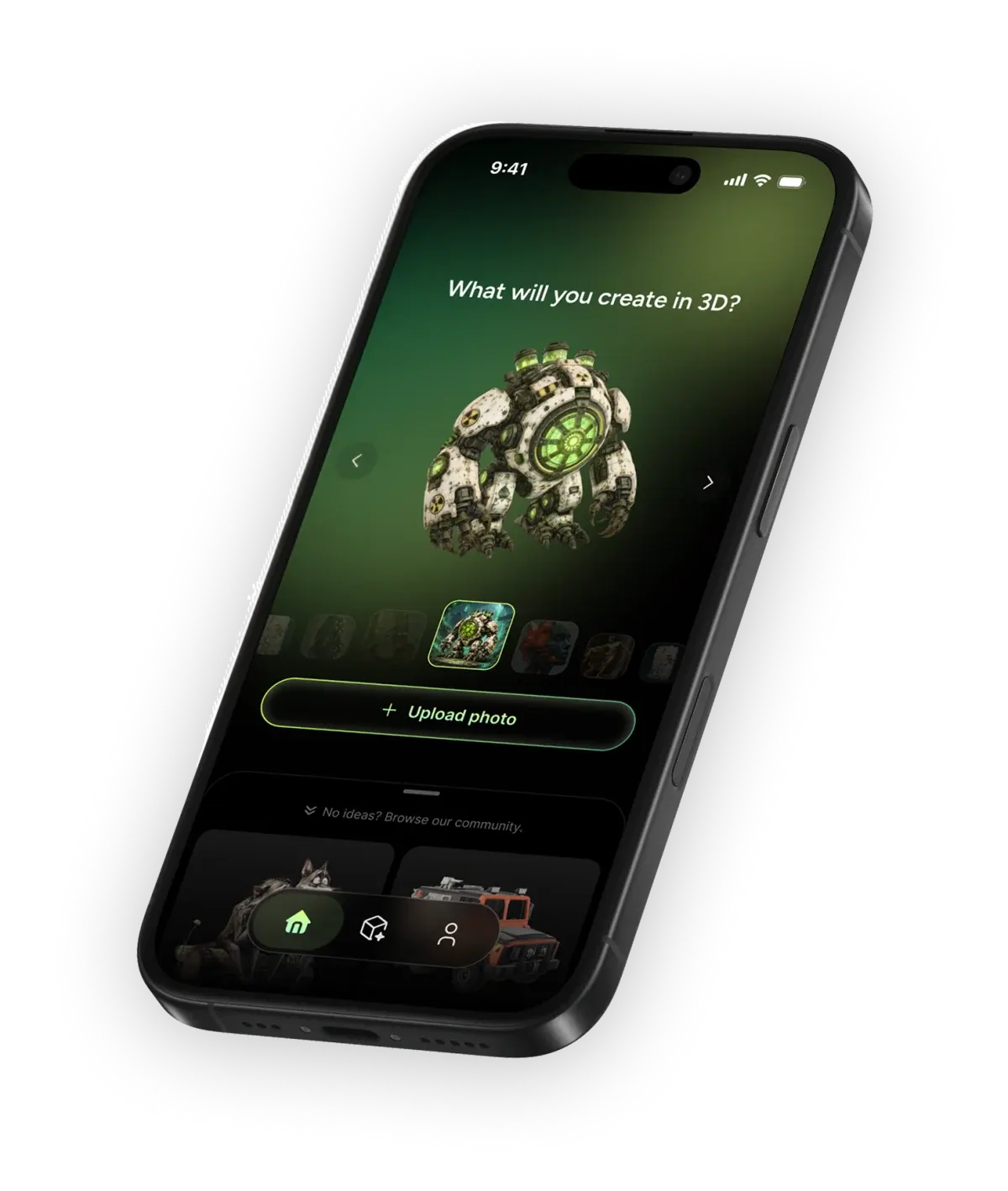 Meshy AI 3D model generator app showing a textured 3D model on iPhone