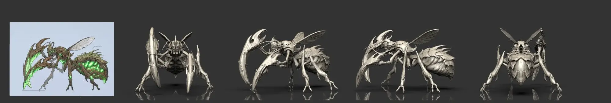 From concept art to multi-angle high-poly model of a monster character generated through part-based workflow