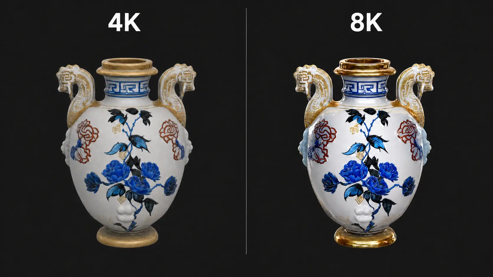 Magkatabing paghahambing ng isang porselanang plorera na na-render sa 3D sa 4K (kaliwa) at 8K (kanan) na resolusyon ng texture, na nagpapakita ng mas matalas na pintang floral na detalye at mas makintab na gintong metal na ibabaw sa bersyon na 8K