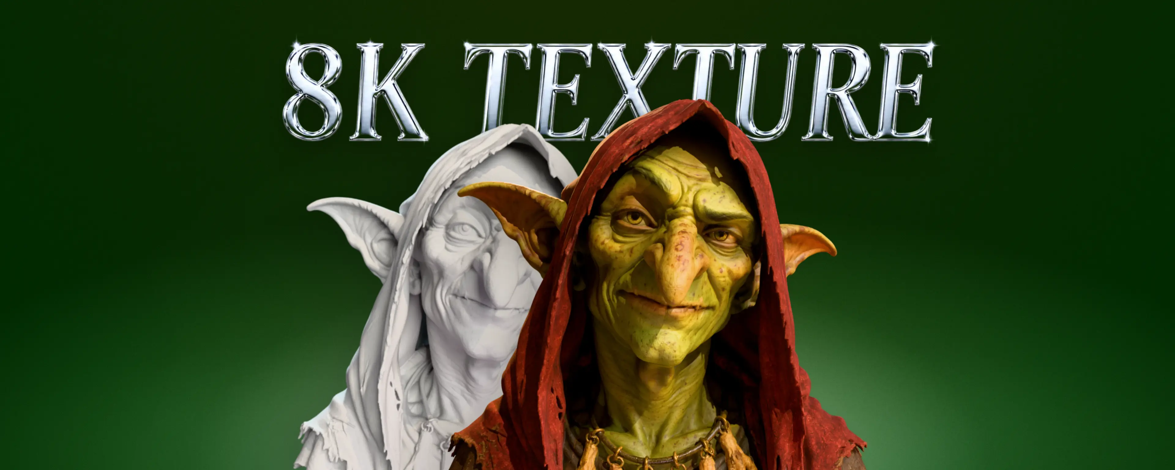 Isang fantasy character na ipinakita bilang walang texture na clay sculpt katabi ng parehong modelo na fully textured gamit ang Meshy 8K Texture, na may nakikitang detalye ng balat, kulubot, tela ng hood, at alahas