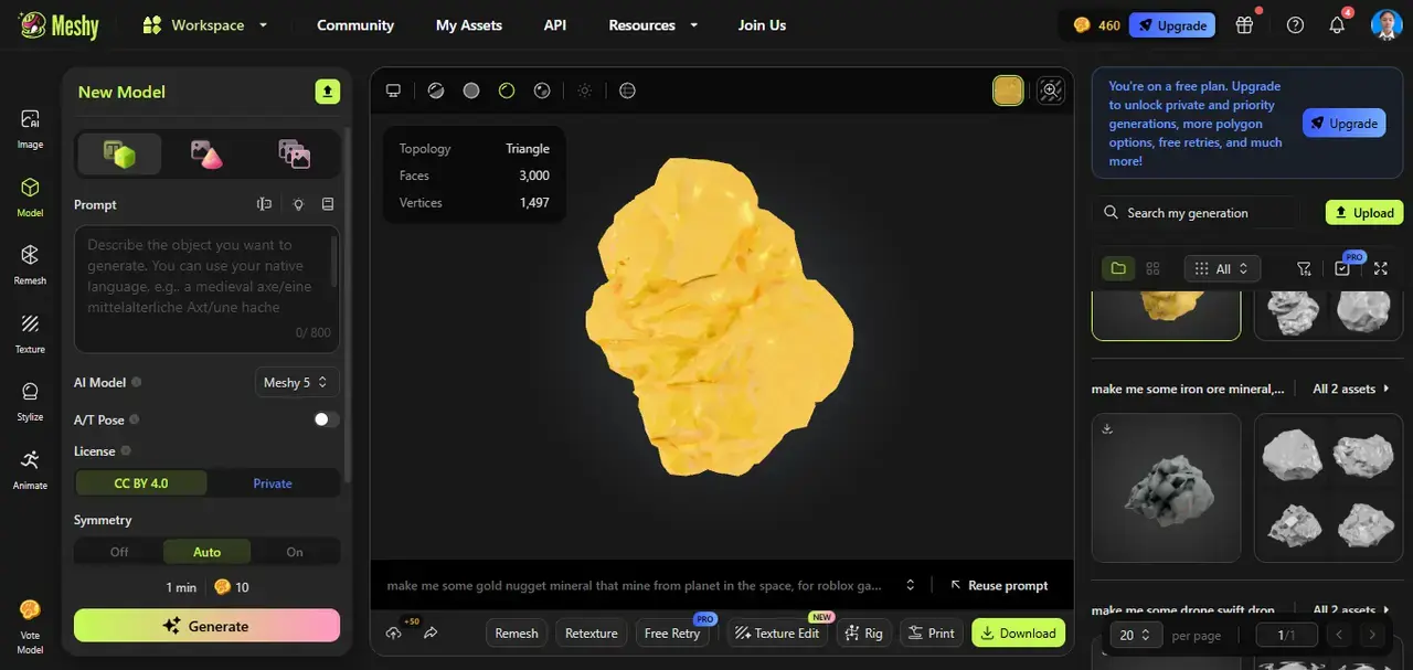 meshy-ai-3d-model-gold-nugget-space-mineral