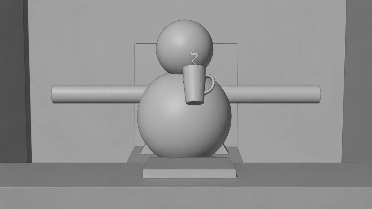 Previs 3D gerado pelo Meshy da mesma cena do robô a beber no Mechanicum Up.