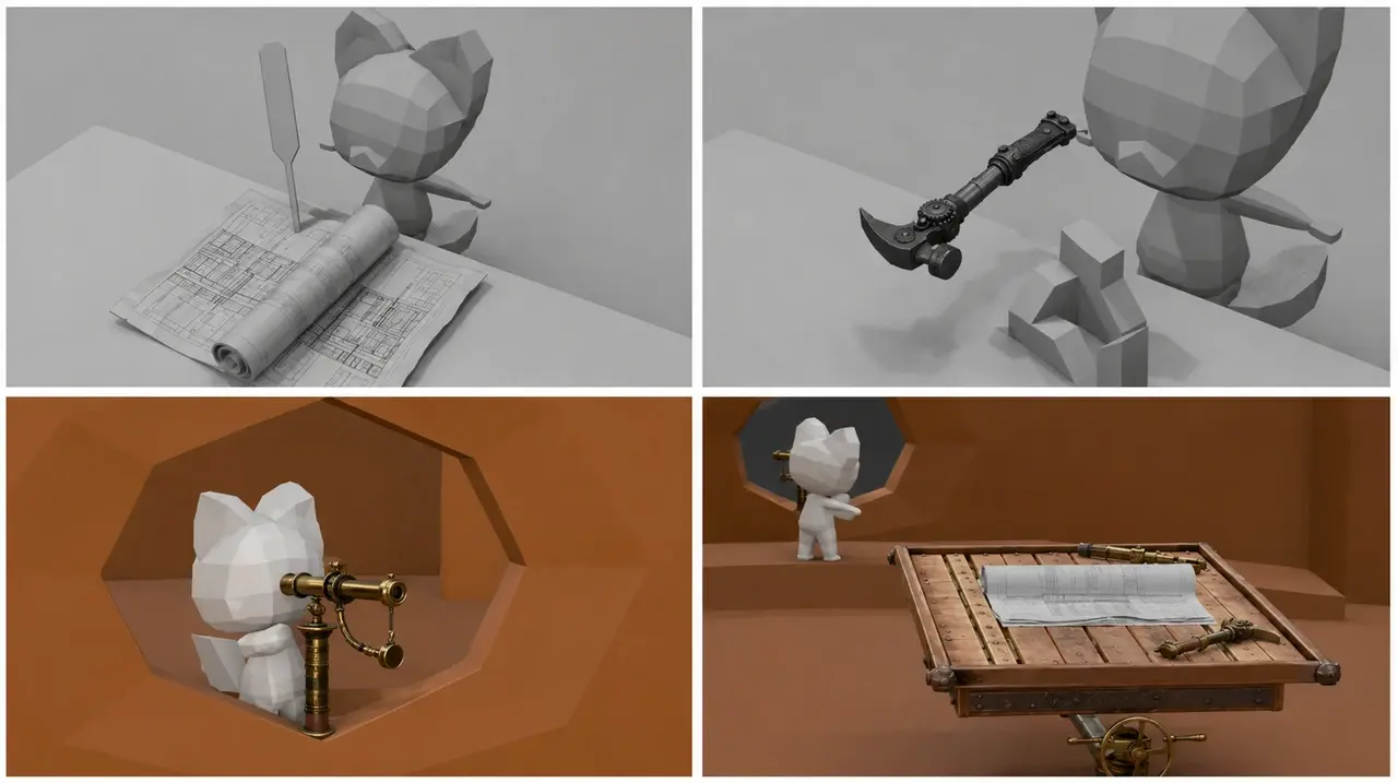Cenas de previs de Diherama mostrando os ativos gerados pelo Meshy em uso com marcadores de posição para personagens.