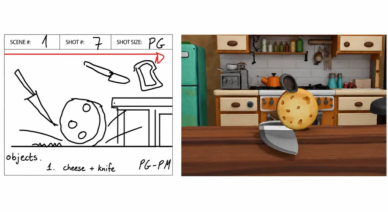 Quadro de storyboard e pré-visualização 3D do Meshy de uma cena de queijo e faca do Velocheesity.