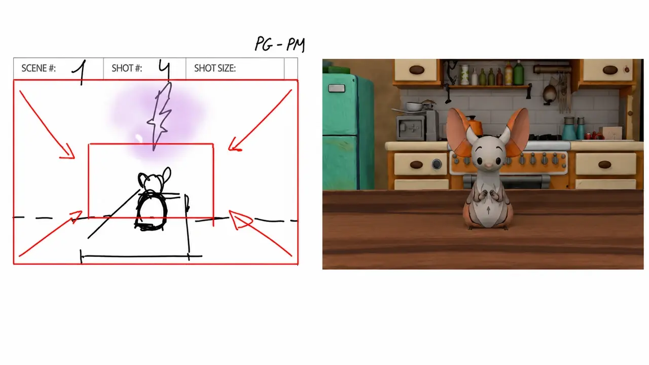 Quadro de storyboard e pré-visualização 3D do Meshy de um personagem rato Velocheesity numa cena de cozinha.