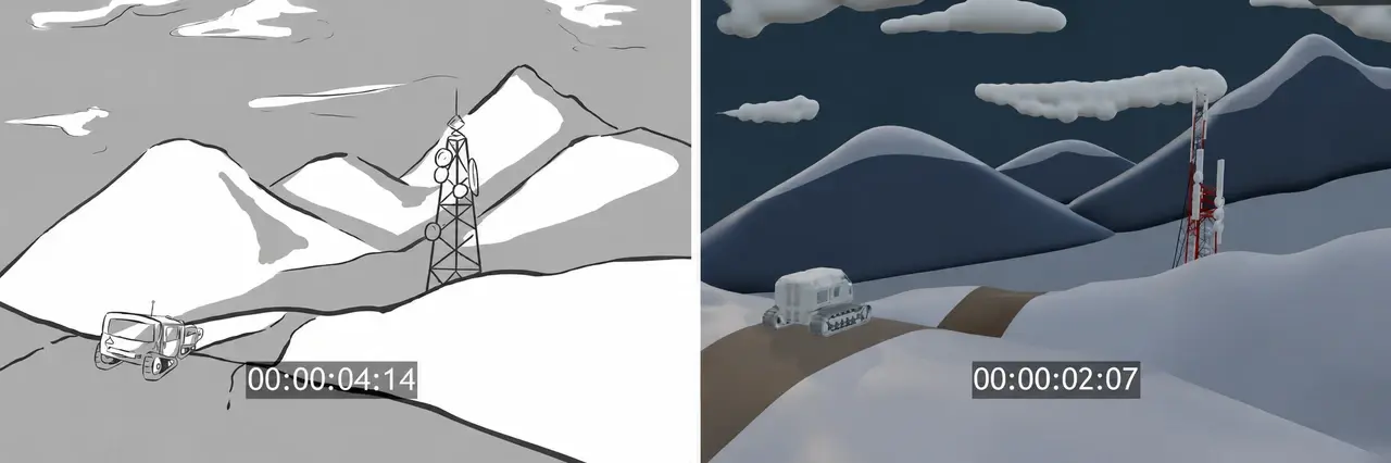 Quadro de storyboard e previs 3D do Meshy da mesma cena de Kryophobos.