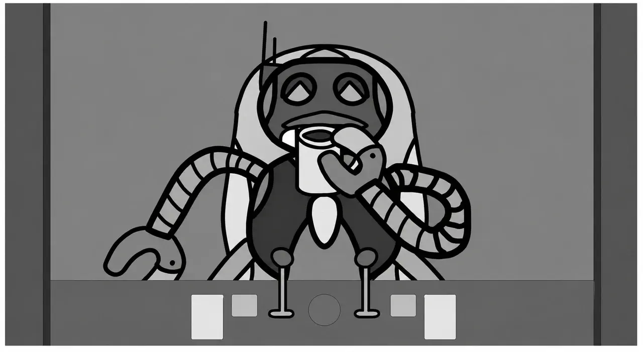 Quadro de storyboard de um robô a beber de uma caneca no jogo estudantil Mechanicum Up.