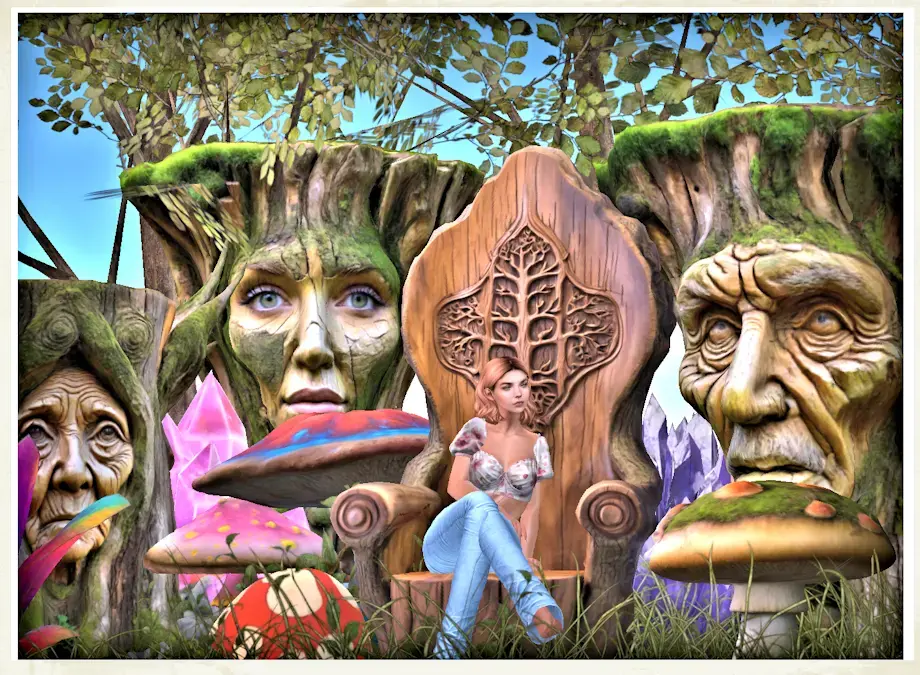 Avatar Tansy duduk di antara pokok dan cendawan ajaib dalam dunia OpenSim yang aneh yang dibina dengan ciptaan 3D yang dihasilkan oleh AI.
